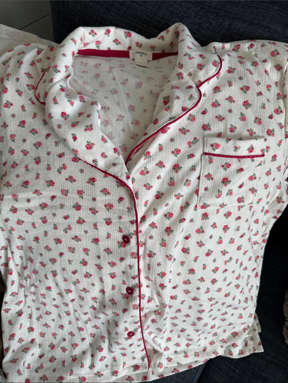Forever 21 White Pajama Top with Pink Rose Print and Pink Piping